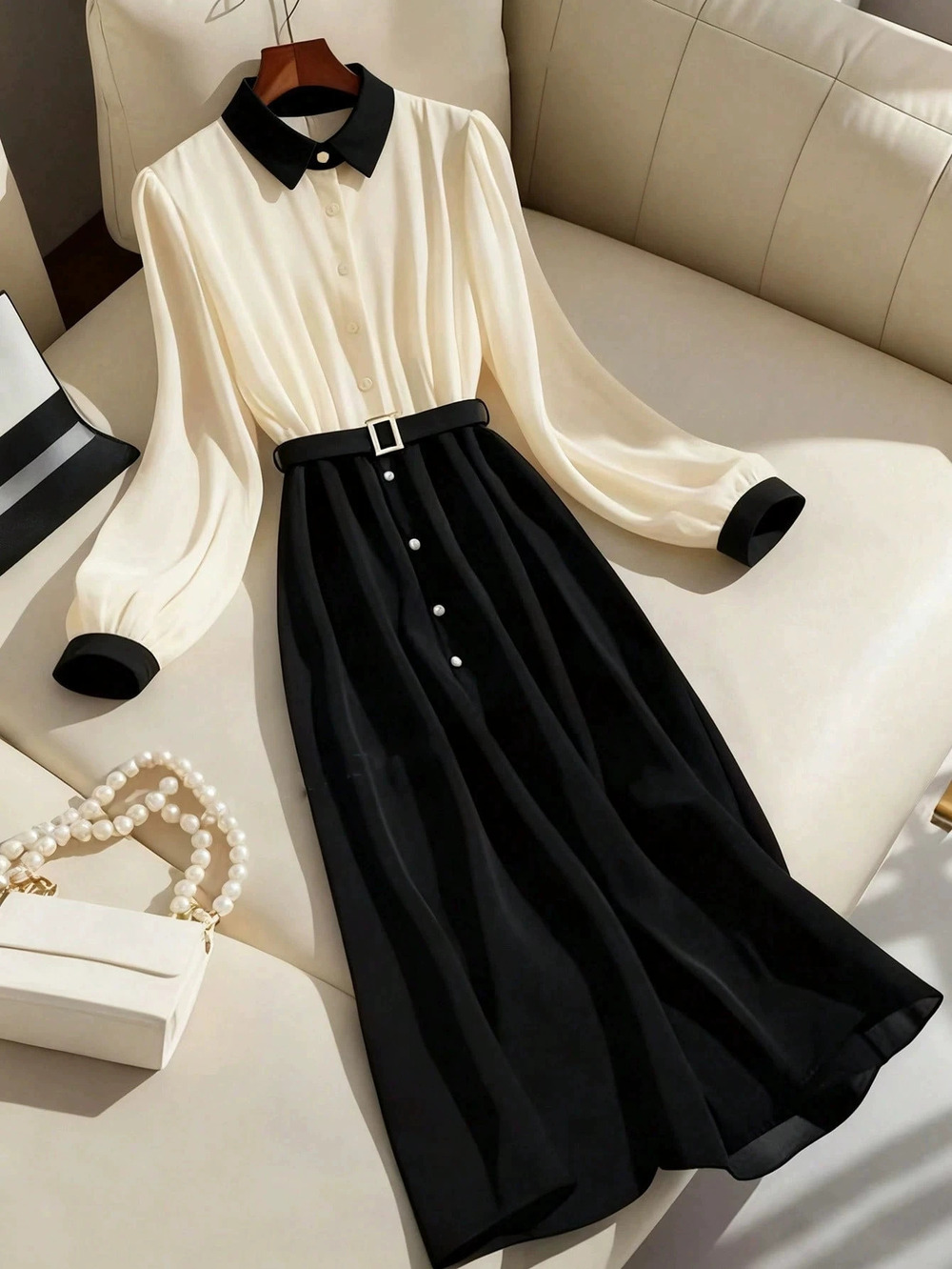 ZARA Stylish Elegant Womens Long Sleeve Color Block Shirt Dress